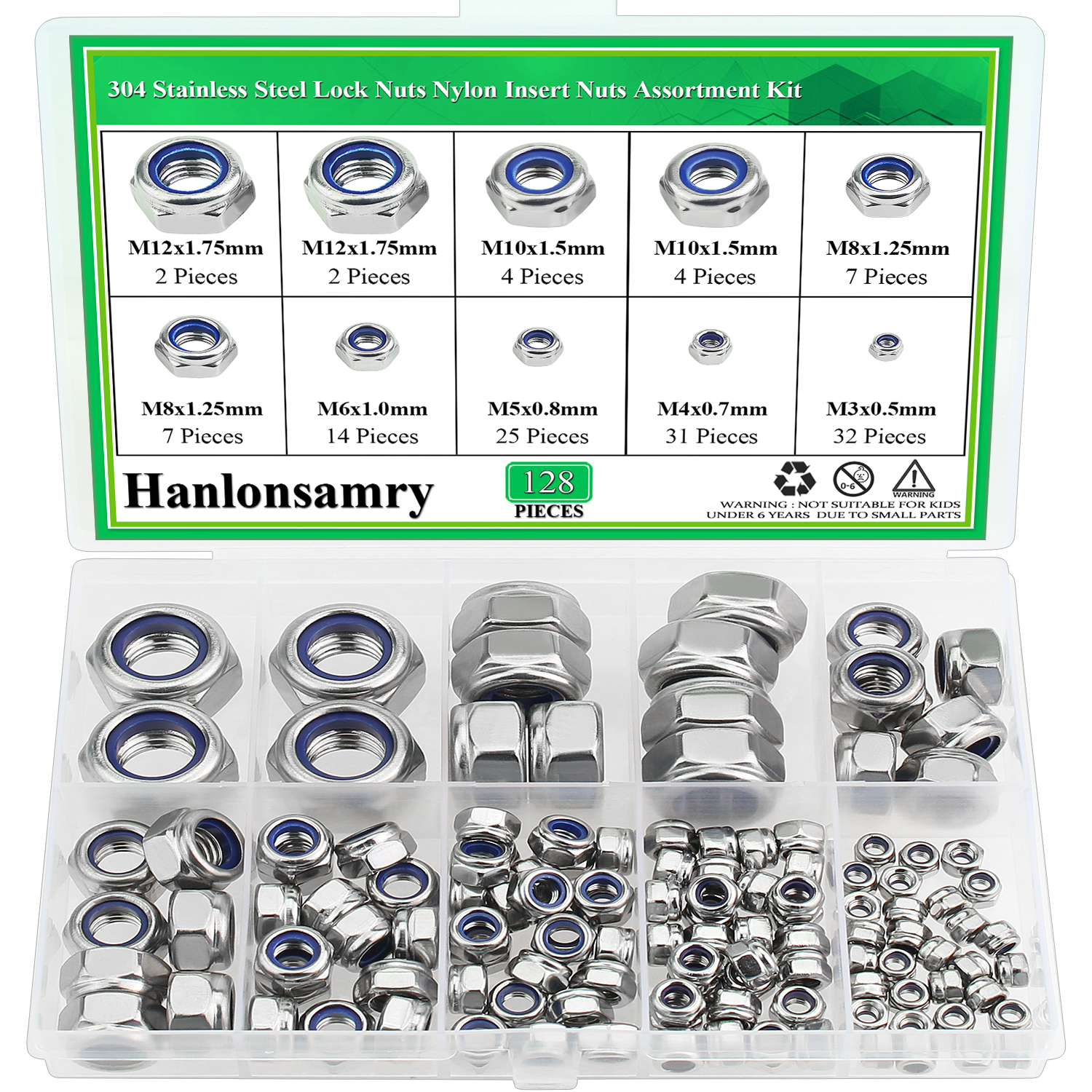 Hanlonsamry 128 Pieces 7 Sizes Nylon Insert Hex Lock Nuts, 304 Stainless Steel (18-8) Locknuts, Coarse Thread (M3 M4 M5 M6 M8 M10 M12)